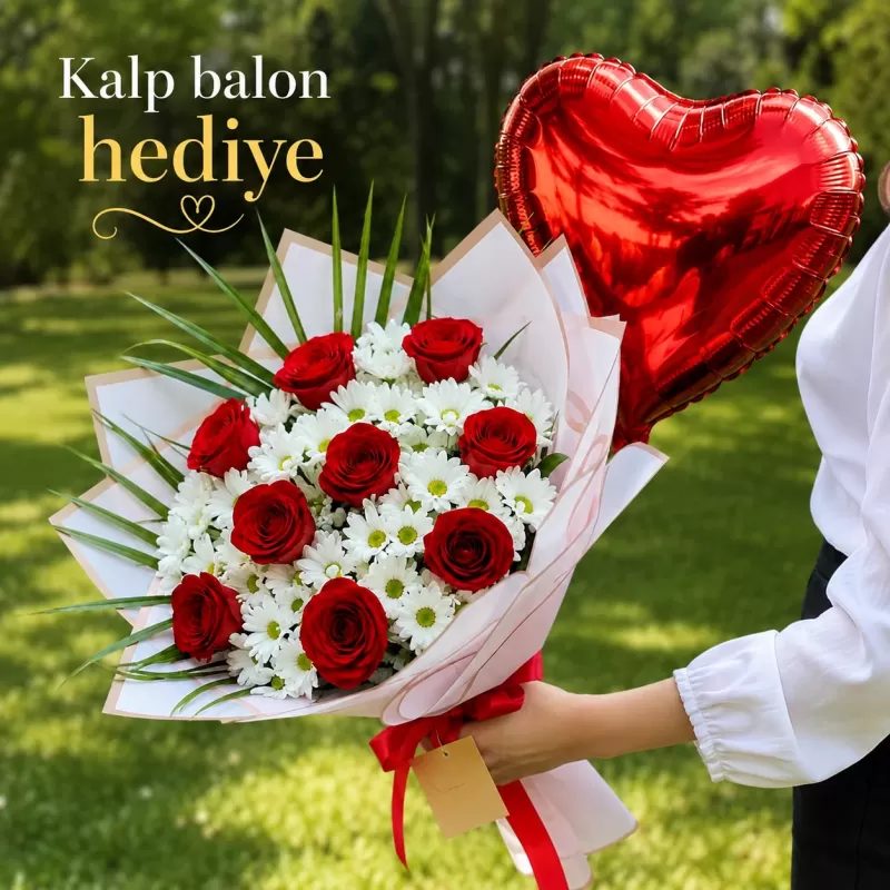 9 Kırmızı Gül ve Papatya Balon Hediyeli