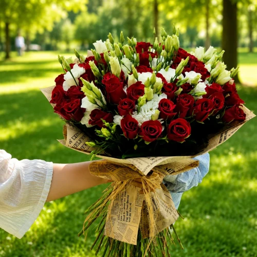 51 rote Rosen und 25 Lisianthus