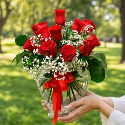 9 rote Rosen in der Herzvase