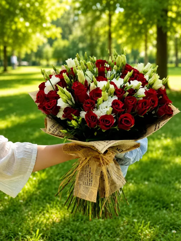51 rote Rosen und 25 Lisianthus